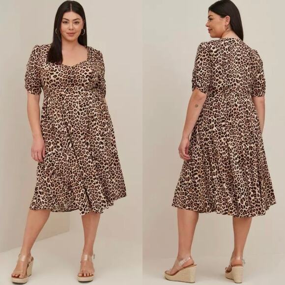 Torrid Sweetheart Short Sleeve Fit & Flair Skater Dress Poplin Leopard Size 5X - Picture 1 of 16